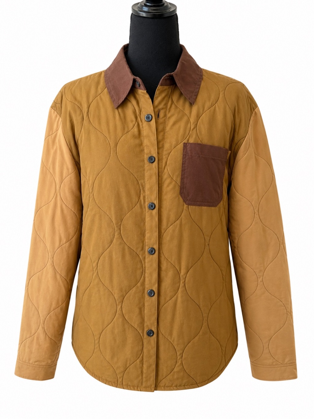 Reason Quilted Shirt Jacket in Mustard with Brown Trim Size Small NWOT
